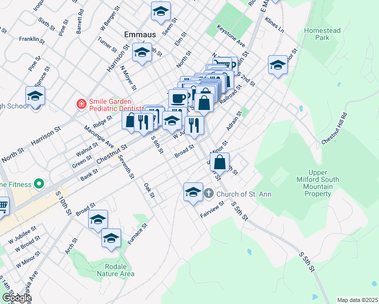 map of restaurants, bars, coffee shops, grocery stores, and more near 517 Minor Street in Emmaus