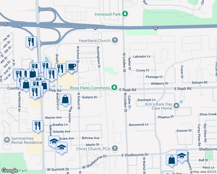 map of restaurants, bars, coffee shops, grocery stores, and more near 104 East Raab Road in Normal