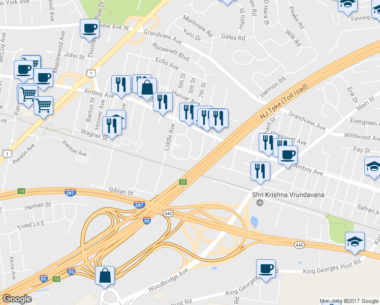 map of restaurants, bars, coffee shops, grocery stores, and more near 38 MacArthur Drive in Edison
