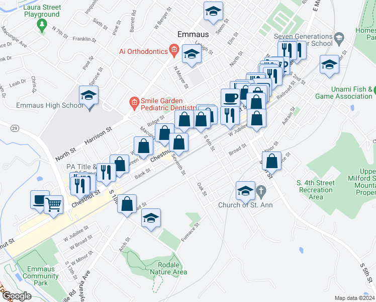 map of restaurants, bars, coffee shops, grocery stores, and more near 652 Park Row Street in Emmaus