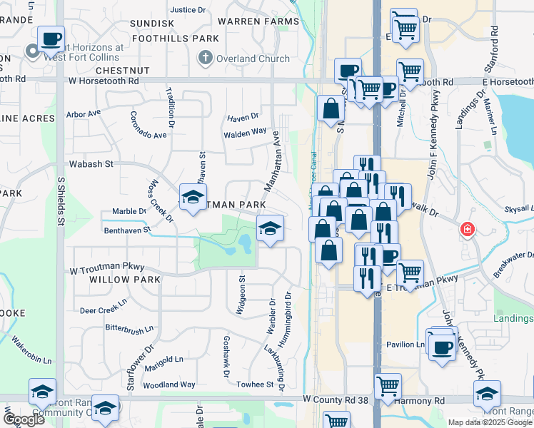 map of restaurants, bars, coffee shops, grocery stores, and more near 424 Mapleton Court in Fort Collins