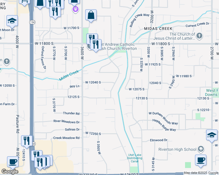map of restaurants, bars, coffee shops, grocery stores, and more near 12092 Janice Drive in Riverton