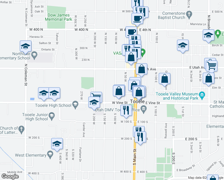map of restaurants, bars, coffee shops, grocery stores, and more near 55 North 100 West in Tooele