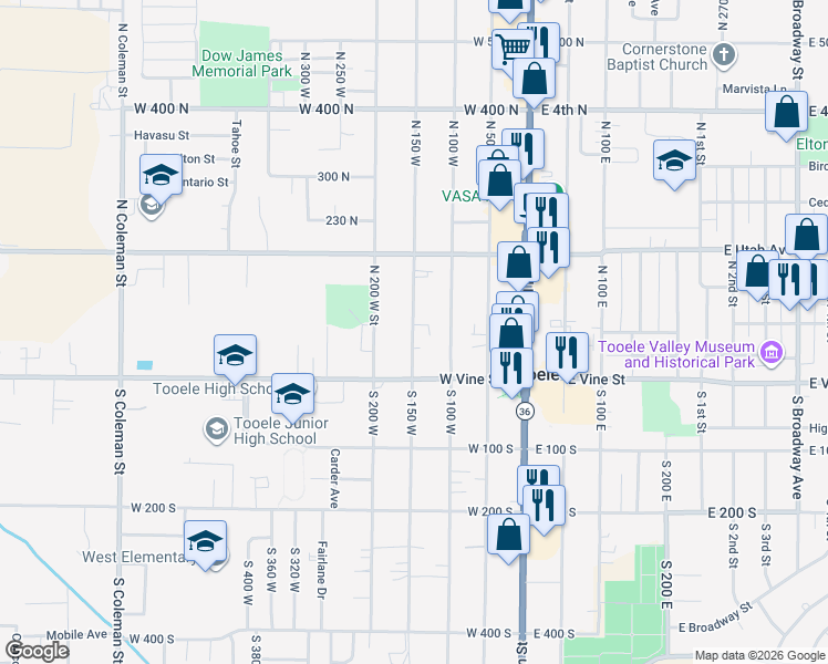 map of restaurants, bars, coffee shops, grocery stores, and more near 45 North 150 West in Tooele