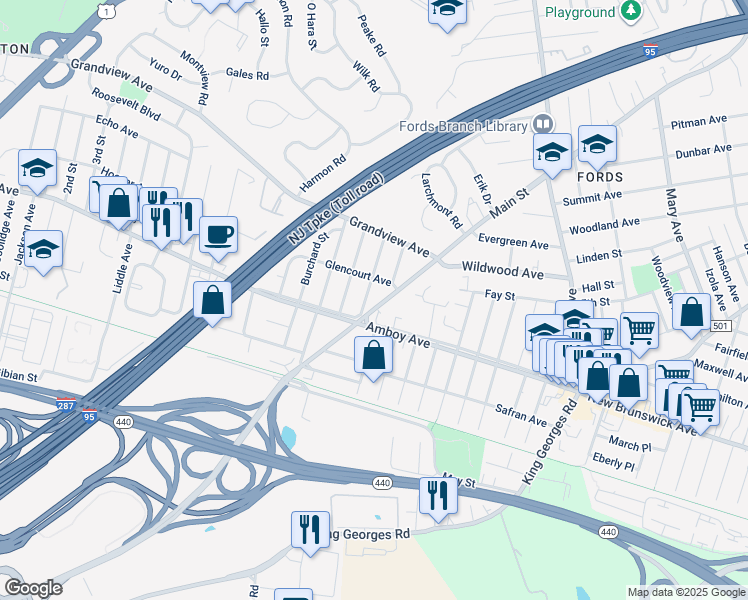 map of restaurants, bars, coffee shops, grocery stores, and more near 4011 Woodbridge Avenue in Edison