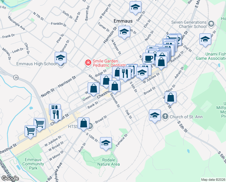 map of restaurants, bars, coffee shops, grocery stores, and more near 27 Seventh Street in Emmaus
