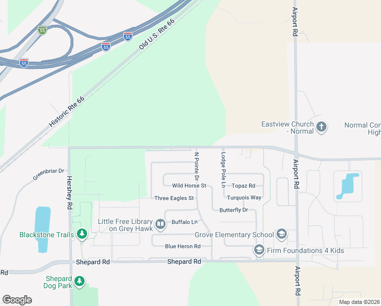map of restaurants, bars, coffee shops, grocery stores, and more near 3020 Bear Claw Street in Normal