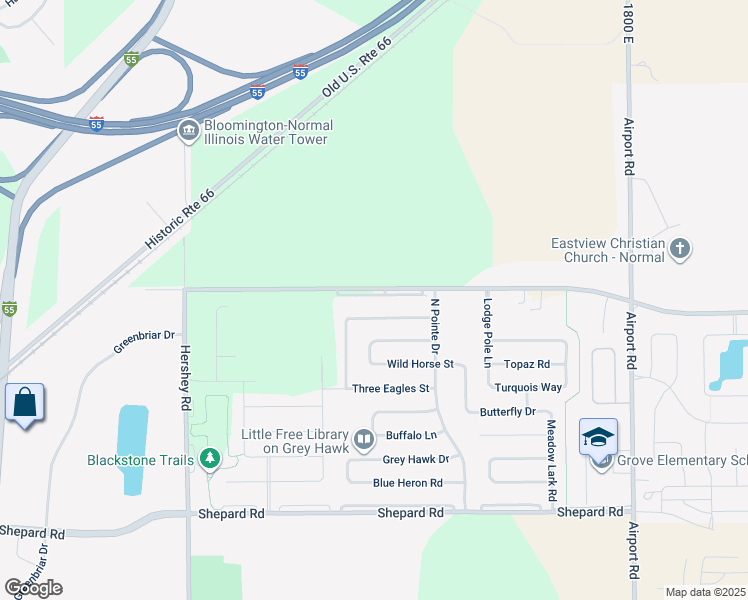 map of restaurants, bars, coffee shops, grocery stores, and more near 2884 Bear Claw Street in Normal