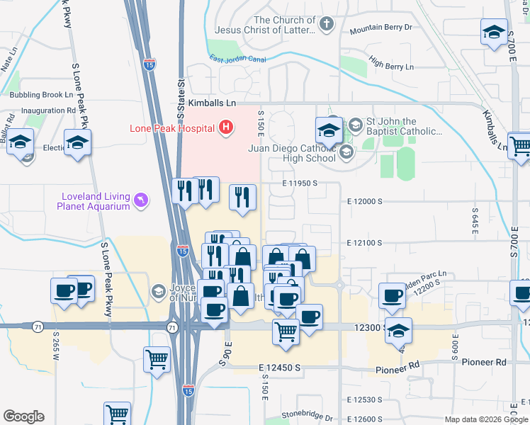 map of restaurants, bars, coffee shops, grocery stores, and more near 12026 165 East in Draper
