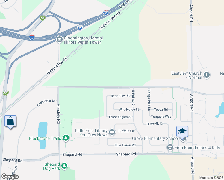 map of restaurants, bars, coffee shops, grocery stores, and more near 2884 Bear Claw Street in Normal