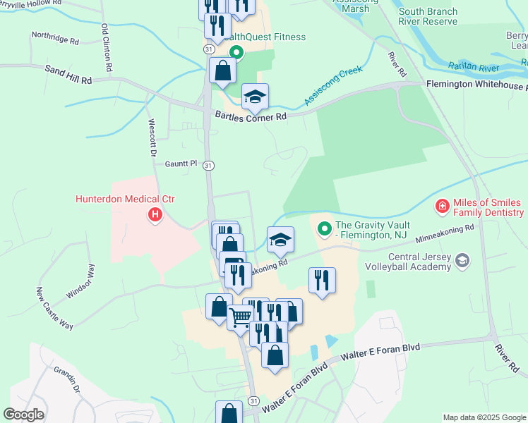 map of restaurants, bars, coffee shops, grocery stores, and more near 188 New Jersey 31 in Flemington