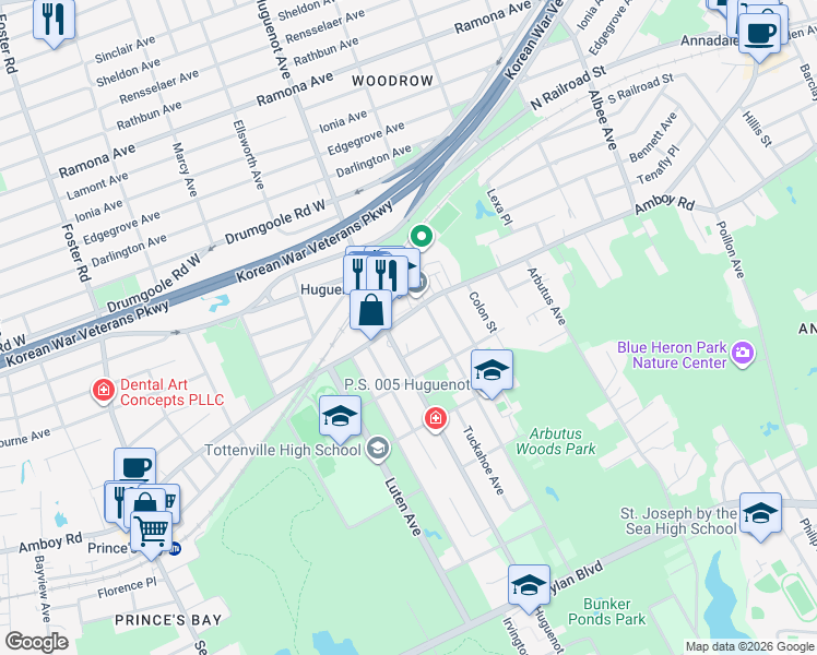 map of restaurants, bars, coffee shops, grocery stores, and more near 939 Huguenot Avenue in Staten Island