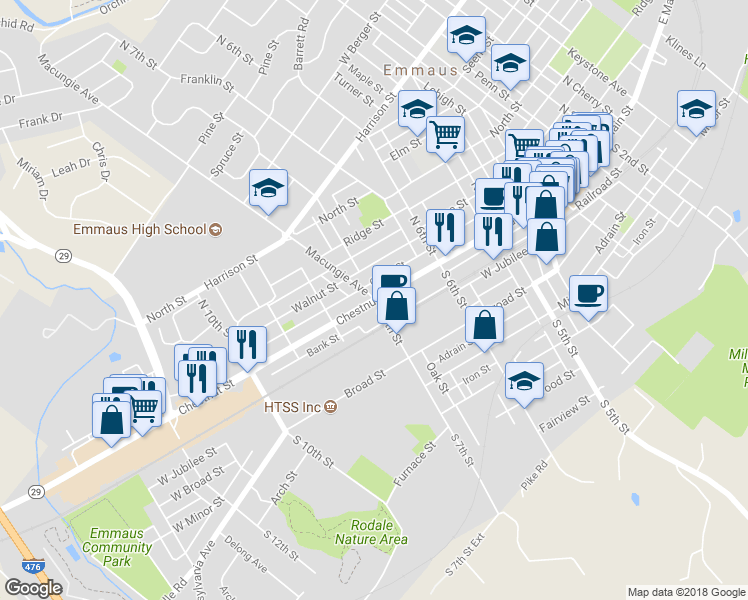 map of restaurants, bars, coffee shops, grocery stores, and more near 0 Macungie Avenue in Emmaus