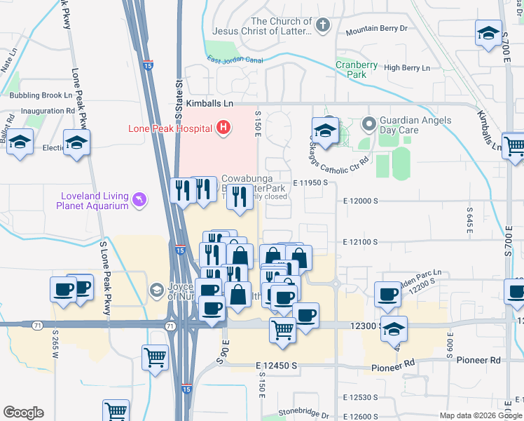 map of restaurants, bars, coffee shops, grocery stores, and more near 12048 165 East in Draper
