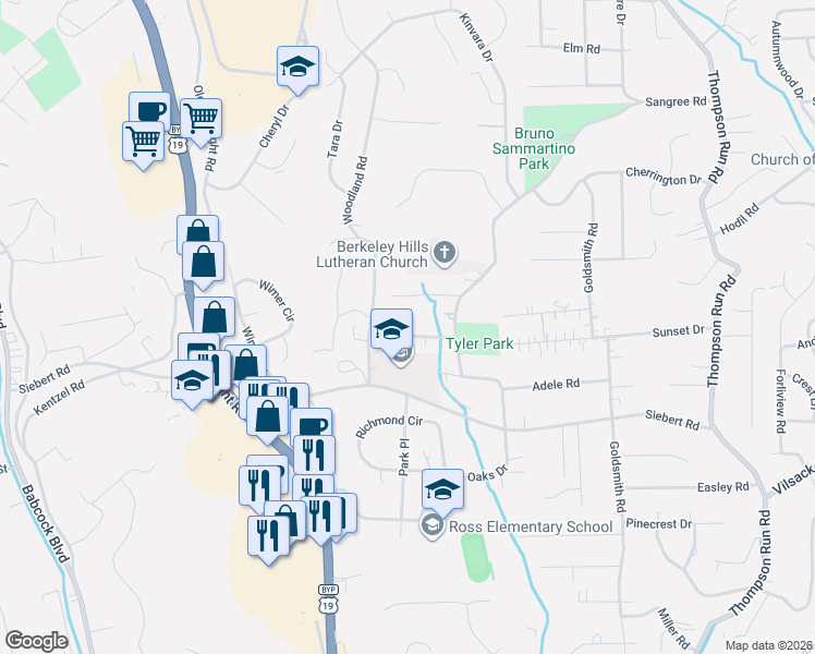 map of restaurants, bars, coffee shops, grocery stores, and more near 115 Virginia Road in Pittsburgh