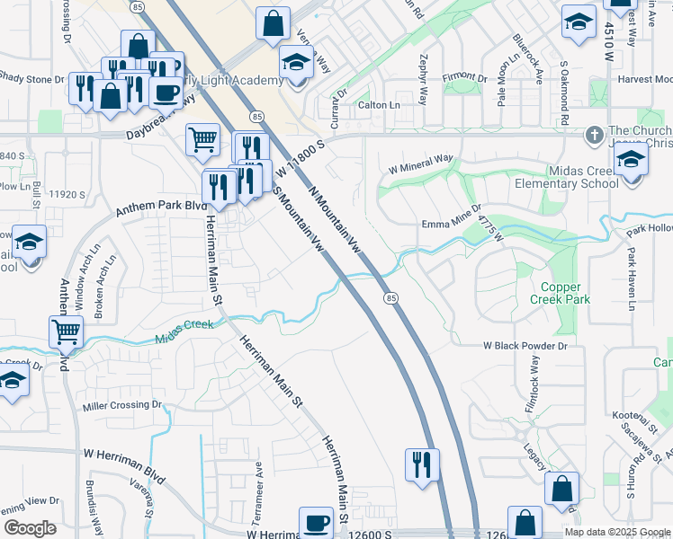 map of restaurants, bars, coffee shops, grocery stores, and more near 12387 South Mountain View in South Jordan