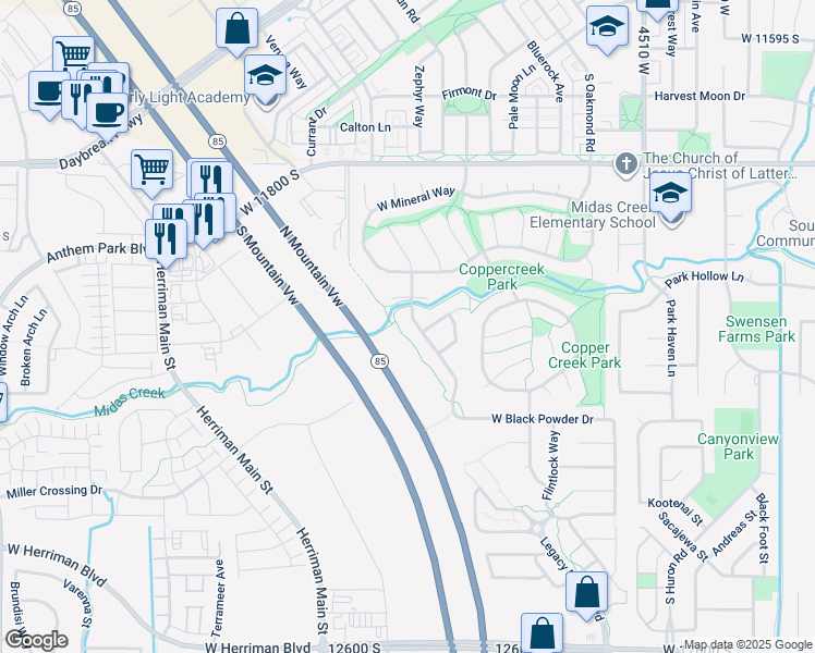 map of restaurants, bars, coffee shops, grocery stores, and more near 12068 South Black Powder Drive in Herriman
