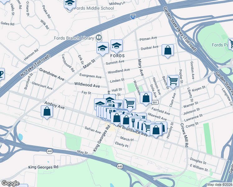 map of restaurants, bars, coffee shops, grocery stores, and more near 48 5th Street in Woodbridge Township