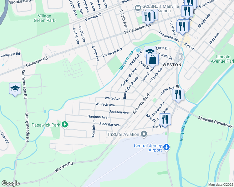 map of restaurants, bars, coffee shops, grocery stores, and more near 315 White Avenue in Manville
