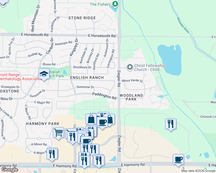 map of restaurants, bars, coffee shops, grocery stores, and more near 2932 Paddington Road in Fort Collins