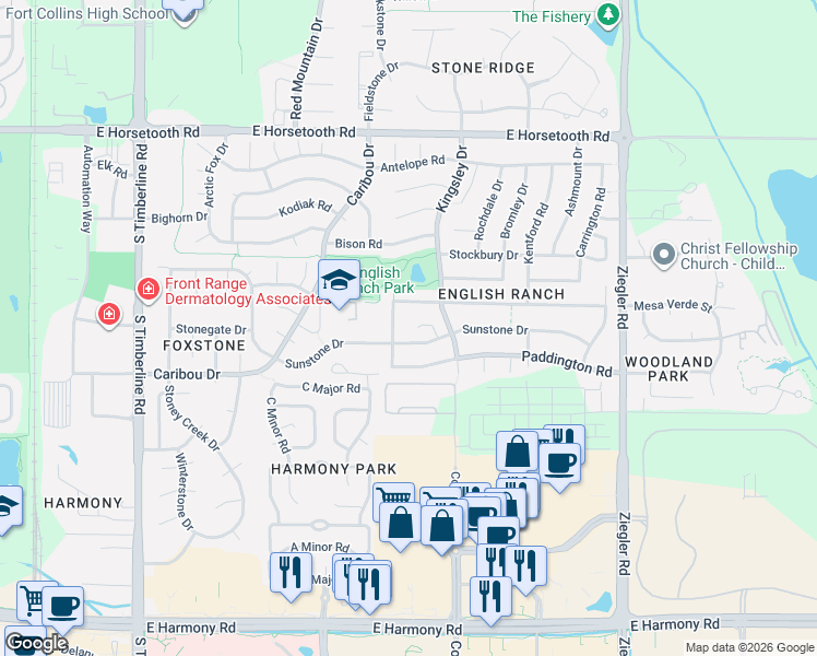 map of restaurants, bars, coffee shops, grocery stores, and more near 2621 Sunstone Drive in Fort Collins