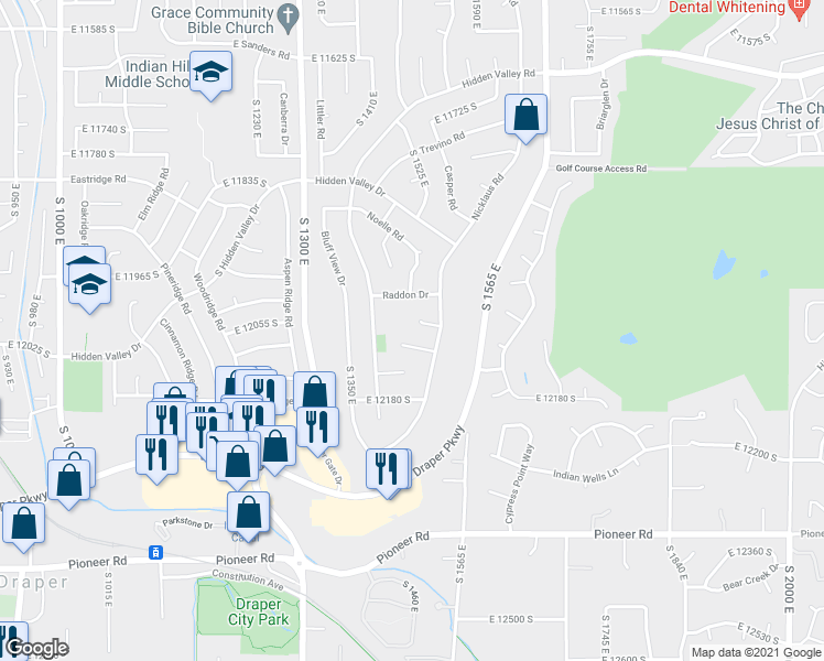 map of restaurants, bars, coffee shops, grocery stores, and more near 1472 East 12105 South in Sandy