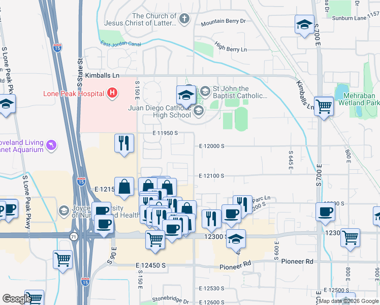 map of restaurants, bars, coffee shops, grocery stores, and more near 296 East 12025 South in Draper