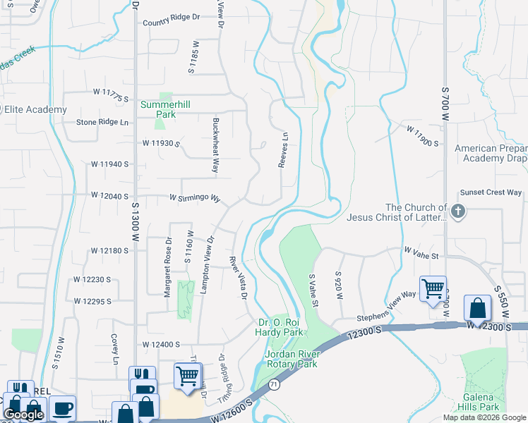 map of restaurants, bars, coffee shops, grocery stores, and more near 951 Riverwalk Drive in Riverton