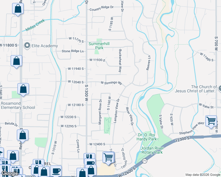 map of restaurants, bars, coffee shops, grocery stores, and more near 12093 Petersen Bluff Drive in Riverton