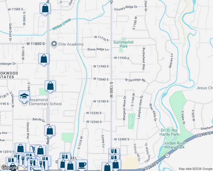 map of restaurants, bars, coffee shops, grocery stores, and more near 12101 Covey Lane in Riverton
