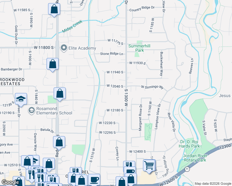 map of restaurants, bars, coffee shops, grocery stores, and more near 12101 Covey Lane in Riverton