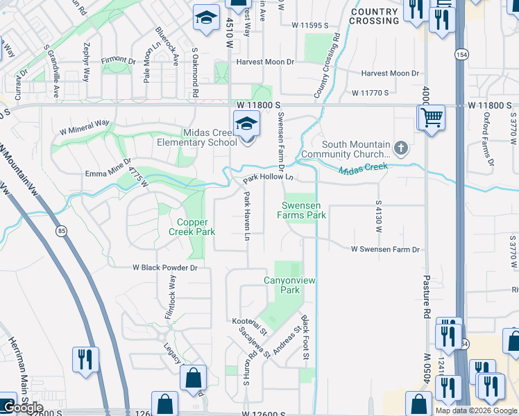 map of restaurants, bars, coffee shops, grocery stores, and more near 12093 Overland Park Road in Riverton