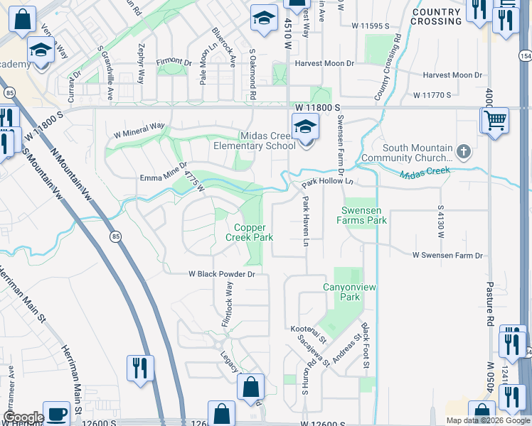 map of restaurants, bars, coffee shops, grocery stores, and more near 12115 Midas Park Road in Herriman