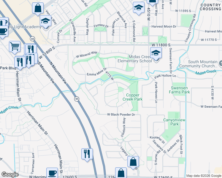 map of restaurants, bars, coffee shops, grocery stores, and more near 4727 Gold Miners Place in Herriman