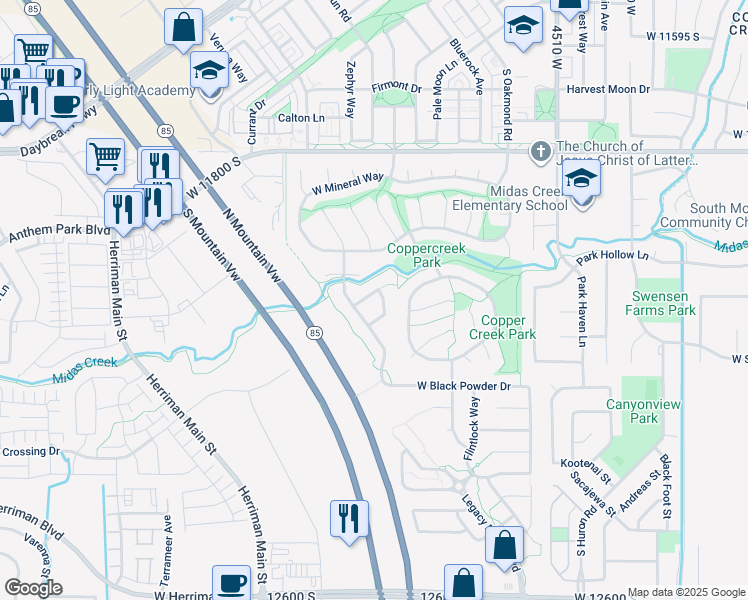 map of restaurants, bars, coffee shops, grocery stores, and more near 4846 Frizzon Way in Herriman