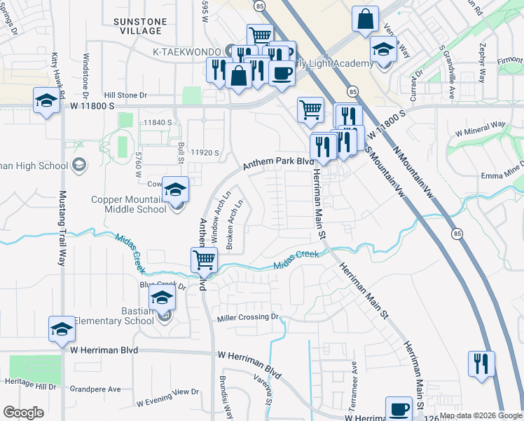 map of restaurants, bars, coffee shops, grocery stores, and more near 5466 Balanced Rock Lane in Herriman