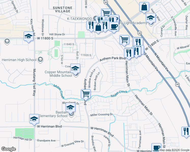 map of restaurants, bars, coffee shops, grocery stores, and more near 12102 Broken Arch Lane in Herriman