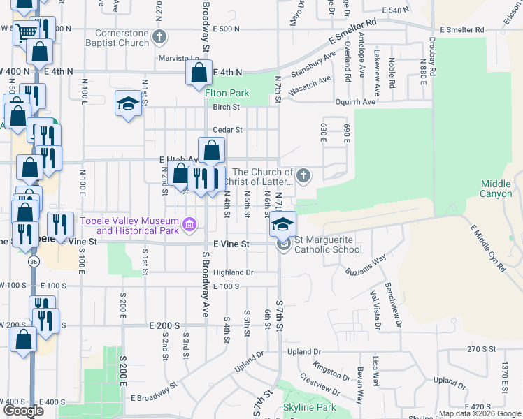 map of restaurants, bars, coffee shops, grocery stores, and more near 52 6th Street in Tooele