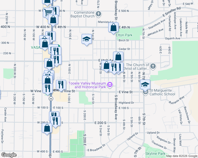 map of restaurants, bars, coffee shops, grocery stores, and more near 104 North 1st Street in Tooele