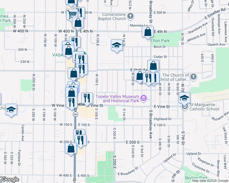 map of restaurants, bars, coffee shops, grocery stores, and more near 117 East Pinehurst Street in Tooele