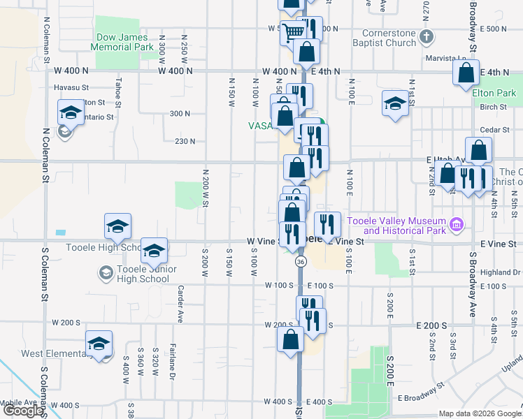 map of restaurants, bars, coffee shops, grocery stores, and more near 60 North 50 West in Tooele