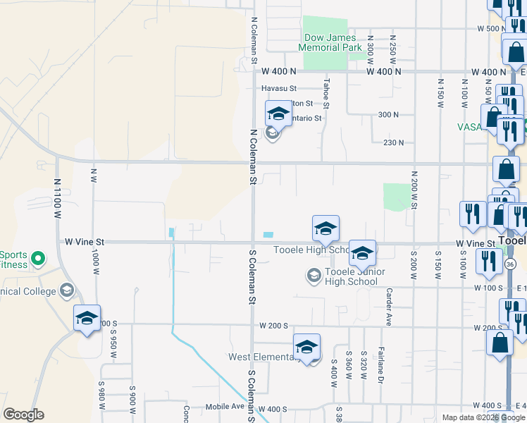 map of restaurants, bars, coffee shops, grocery stores, and more near 50 North Coleman Street in Tooele