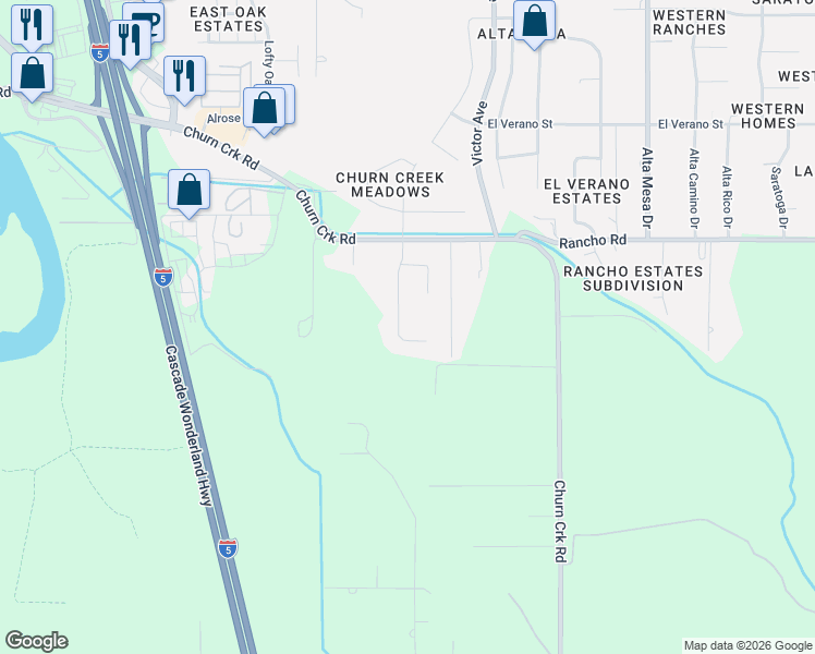 map of restaurants, bars, coffee shops, grocery stores, and more near 5197 Huntington Drive in Redding