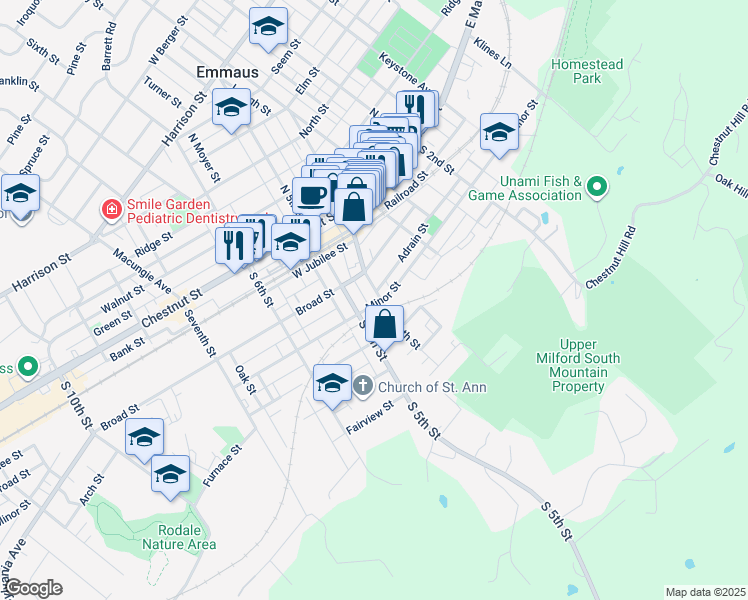map of restaurants, bars, coffee shops, grocery stores, and more near 208 South Fourth Street in Emmaus