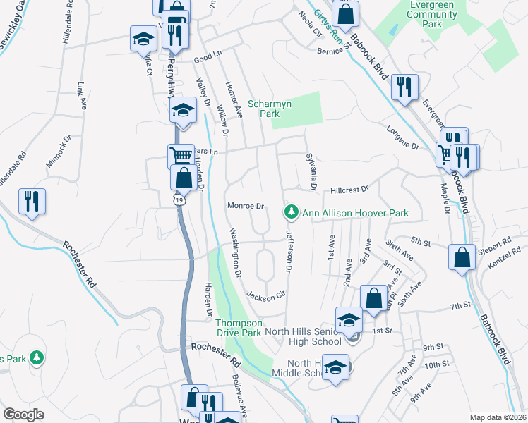 map of restaurants, bars, coffee shops, grocery stores, and more near 808 West Monroe Circle in Pittsburgh