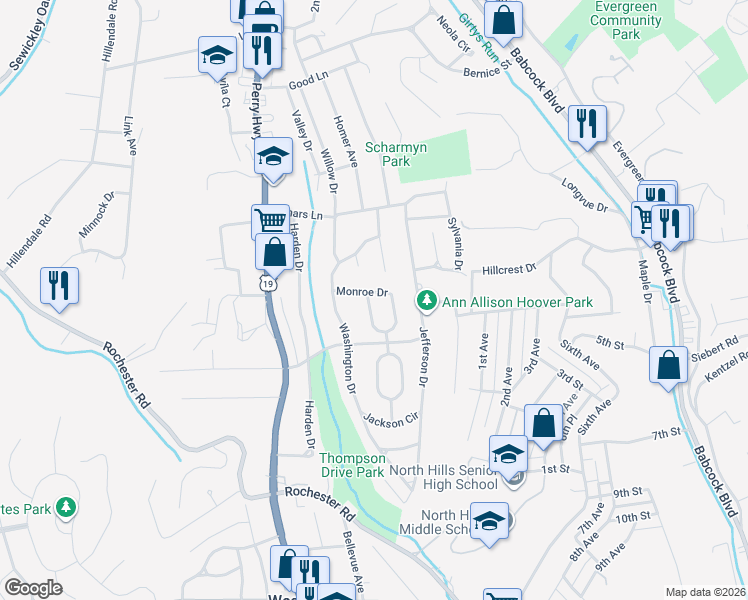 map of restaurants, bars, coffee shops, grocery stores, and more near 808 West Monroe Circle in Pittsburgh
