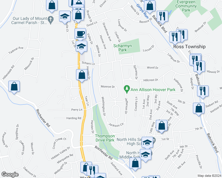 map of restaurants, bars, coffee shops, grocery stores, and more near 808 West Monroe Circle in Pittsburgh