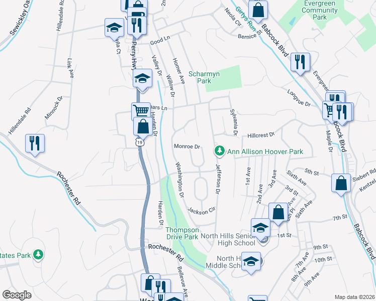 map of restaurants, bars, coffee shops, grocery stores, and more near 808 West Monroe Circle in Pittsburgh