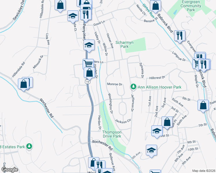 map of restaurants, bars, coffee shops, grocery stores, and more near 810 Washington Drive in Pittsburgh