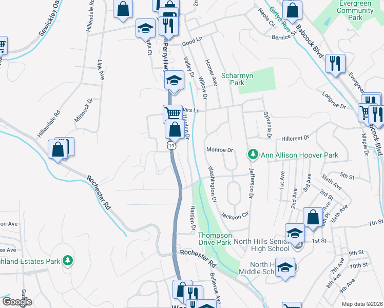 map of restaurants, bars, coffee shops, grocery stores, and more near 814 Harden Drive in Pittsburgh